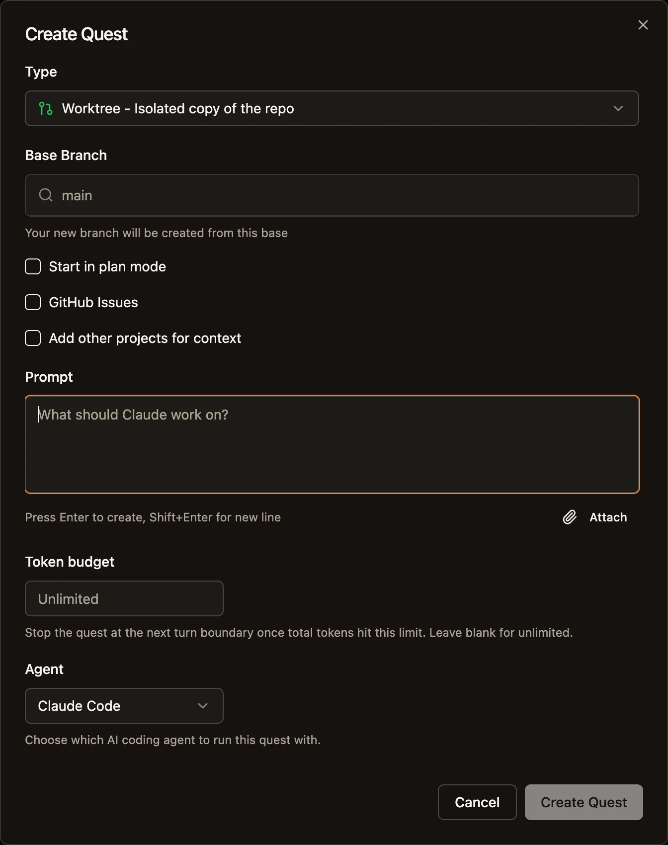 Create Quest dialog with type, base branch, prompt, token budget and agent fields