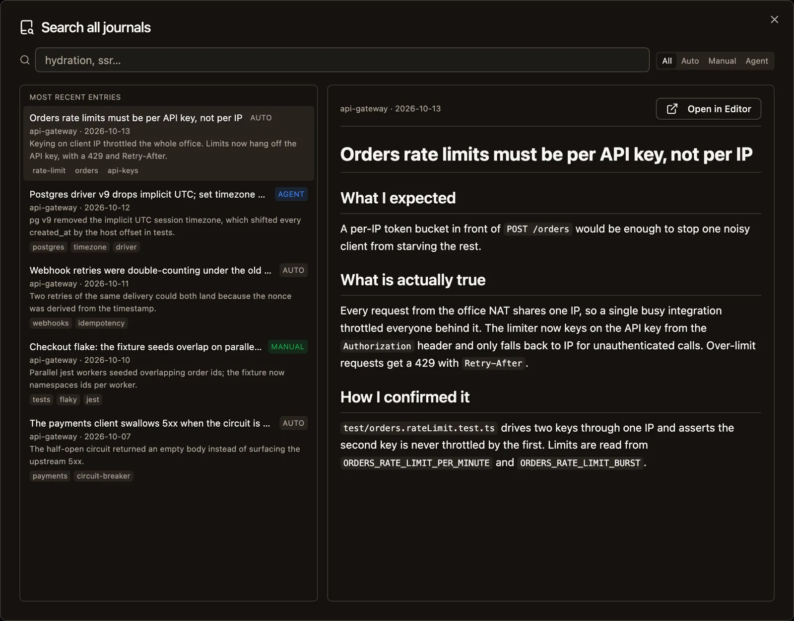 Search all journals modal with recent entries and a rendered entry preview