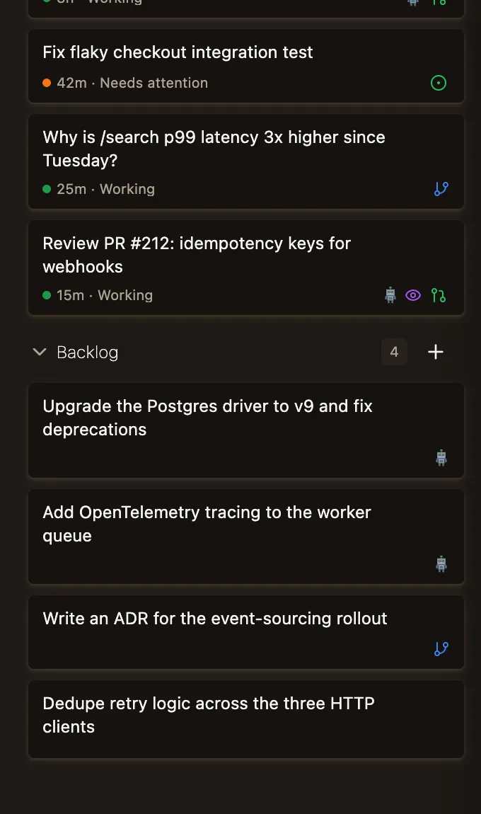 Quest log showing Active and Backlog sections with status, GitHub badges and diff stats on each card
