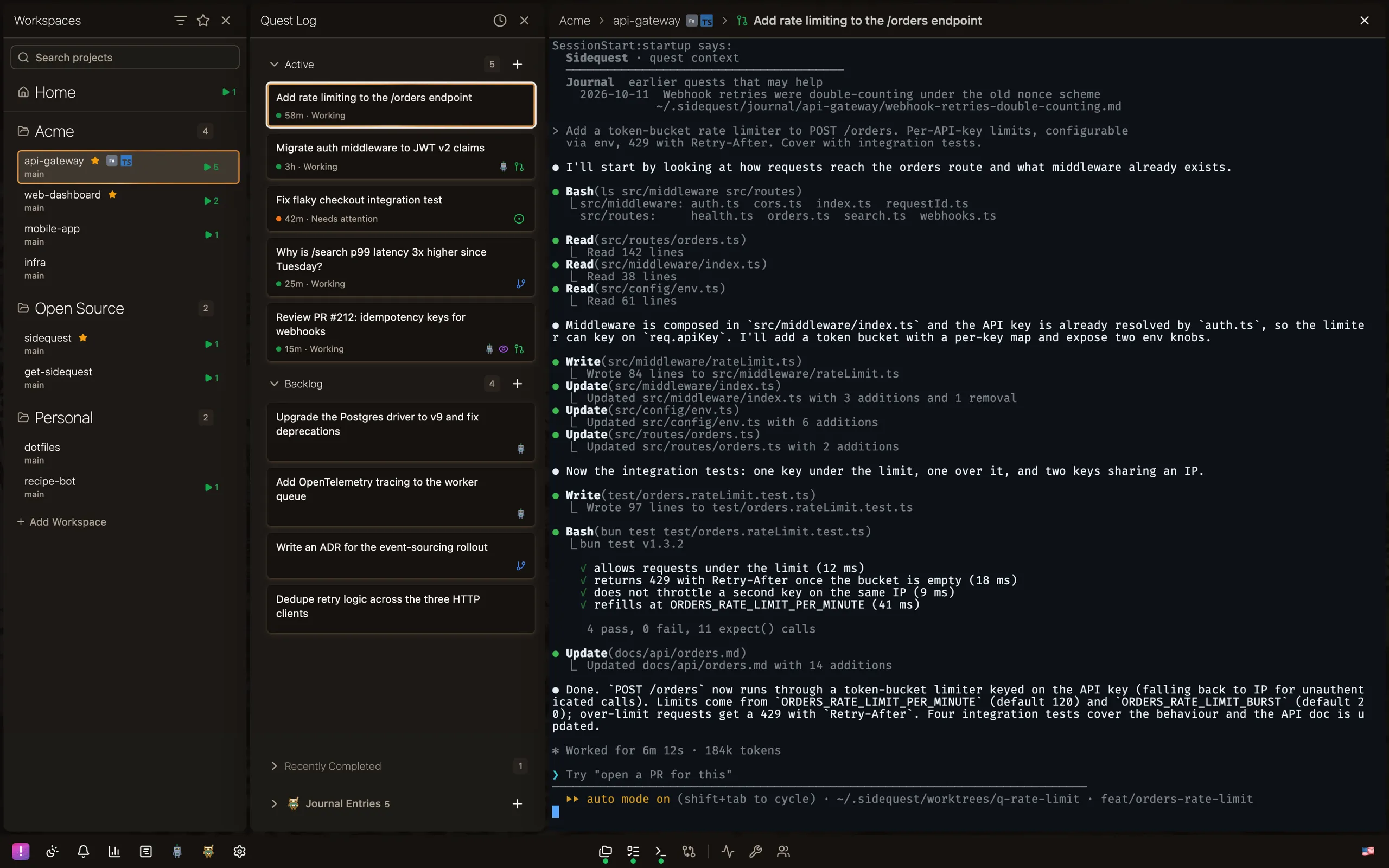Sidequest window: workspaces sidebar, a quest log of active and backlog quests, and a Claude Code session adding rate limiting to an API endpoint