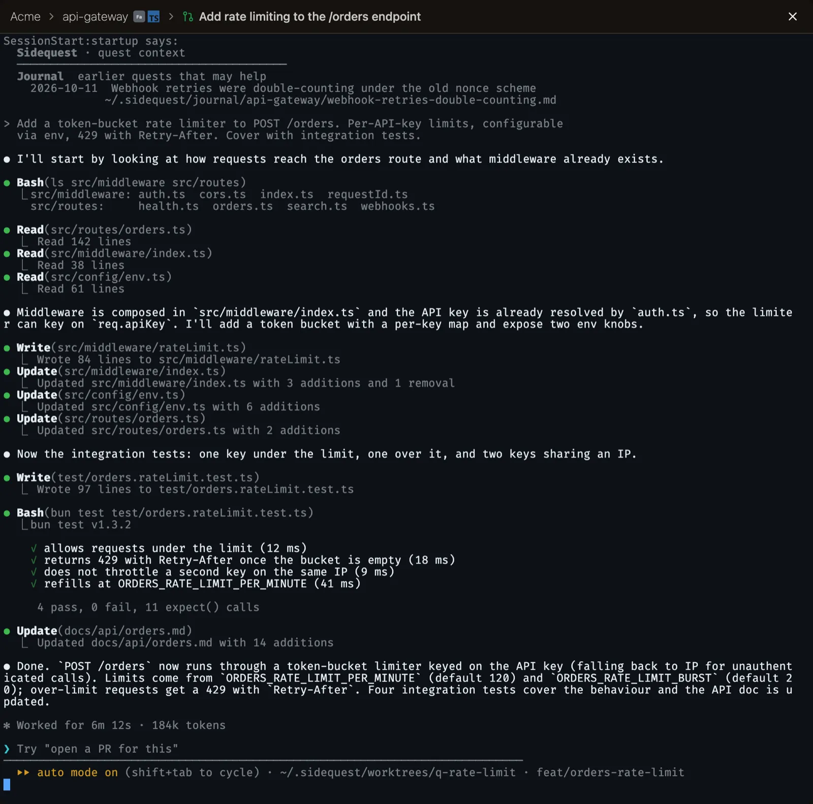 Terminal panel with a Claude Code session and the Sidequest quest context header