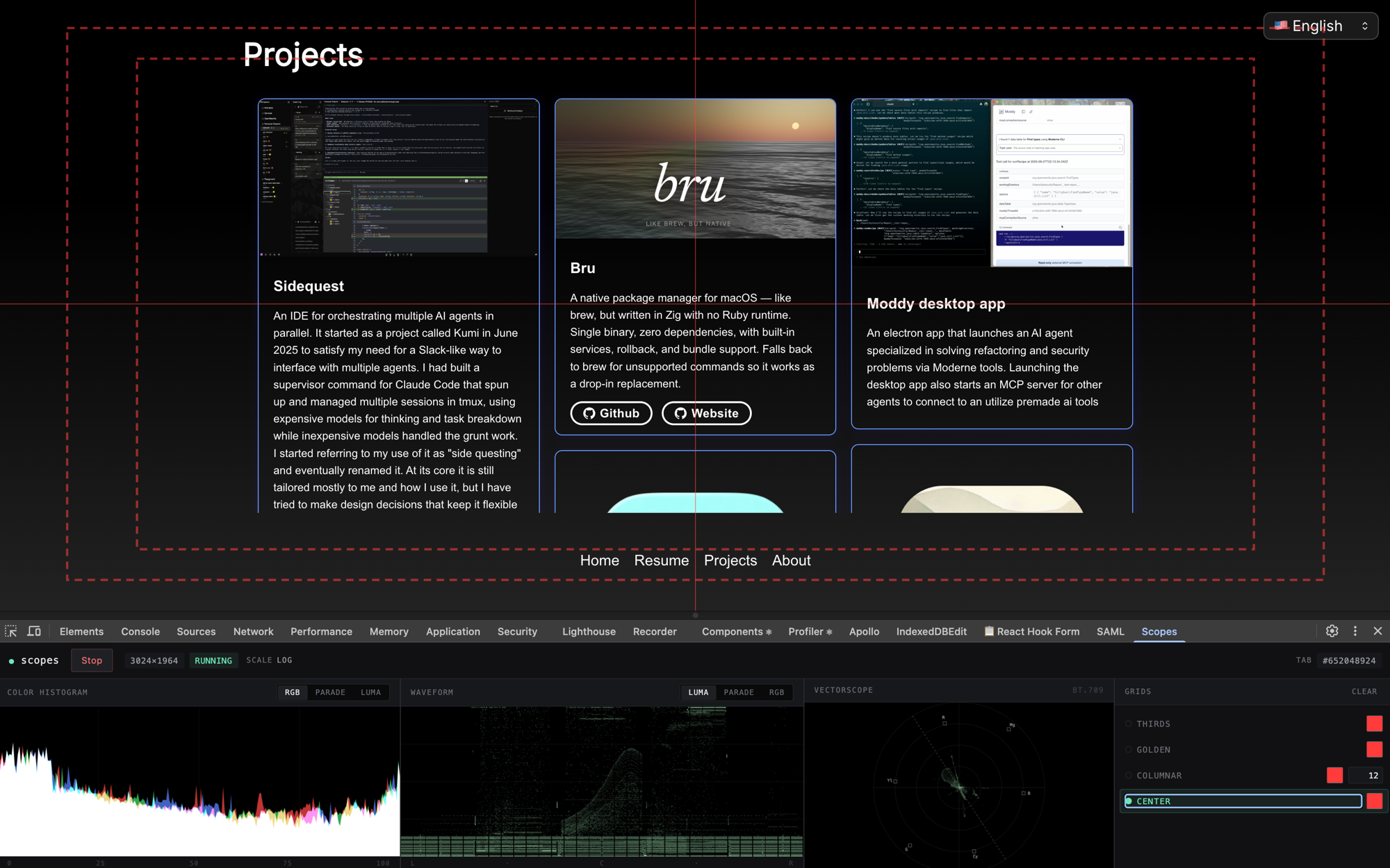 Scopes extension showing histogram, waveform, vectorscope, and grid overlays on a live webpage